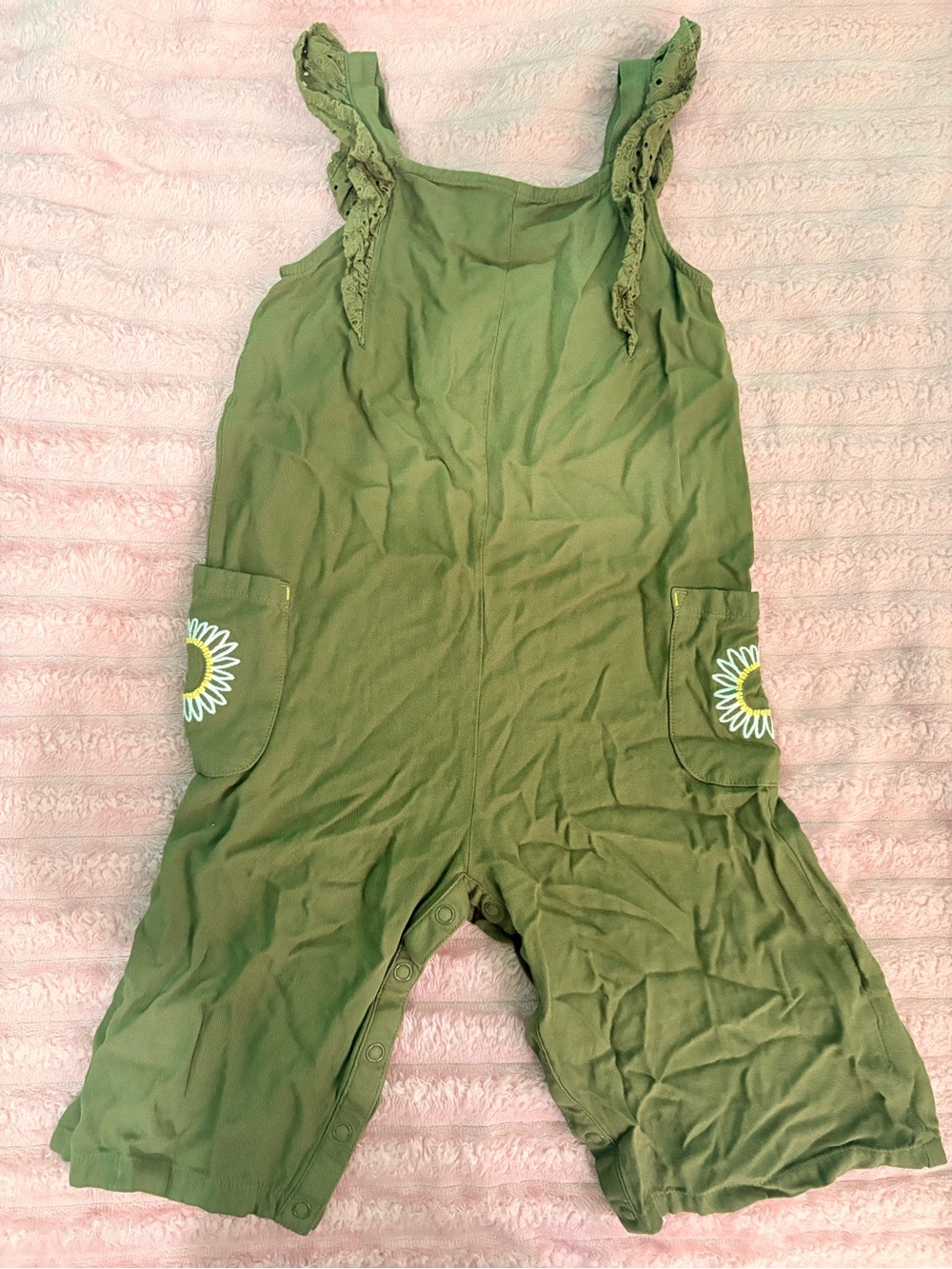 Cat & Jack Olive Green Sunflower Pocket Romper with Ruffle Straps
